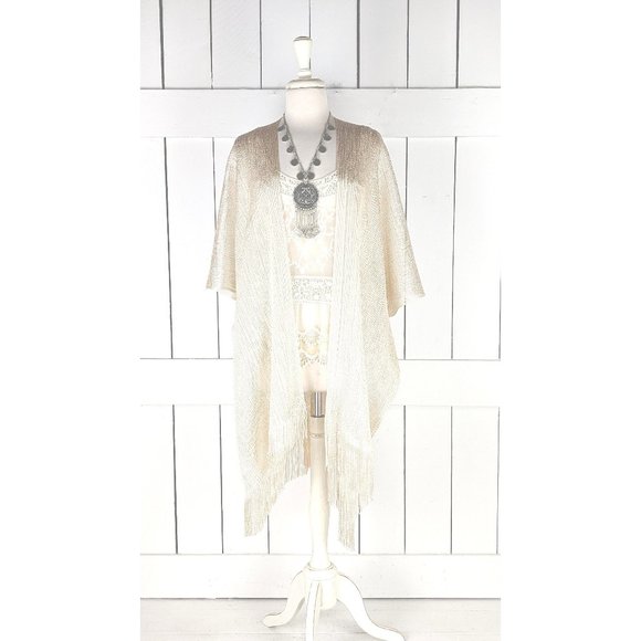 Light gold metallic mesh kimono cover up fringe jacket - Picture 1 of 5